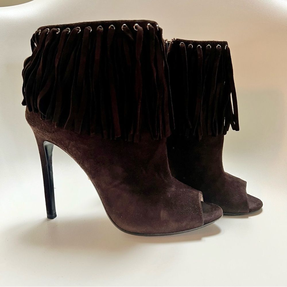 Prada Suede Fringe Peep Toe Bootie Dark Brown EU 38 EUC MSRP $1145 - Picture 2 of 10